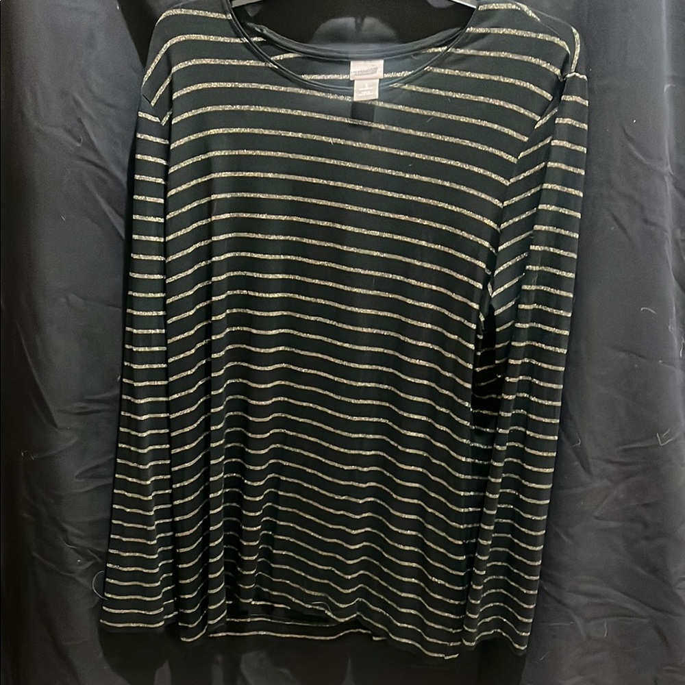 Chicos size3 Elegant Black and Gold Striped Long Sleeve Top metallic